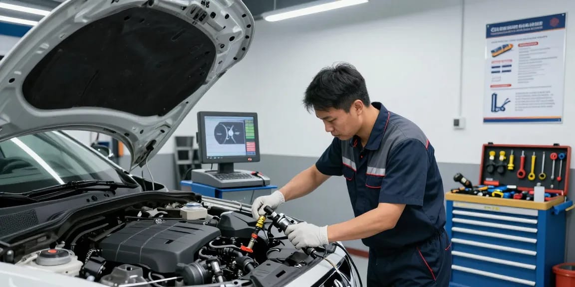 DPF Reinigung Hannover in professioneller Werkstatt mit Techniker, der DPF-Service durchführt.