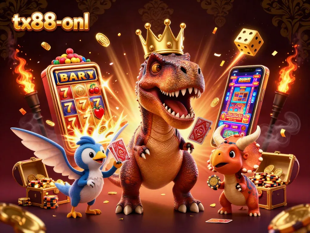 Experience the excitement at tx88-onl with a fun 3D casino scene featuring animated dinosaur characters.