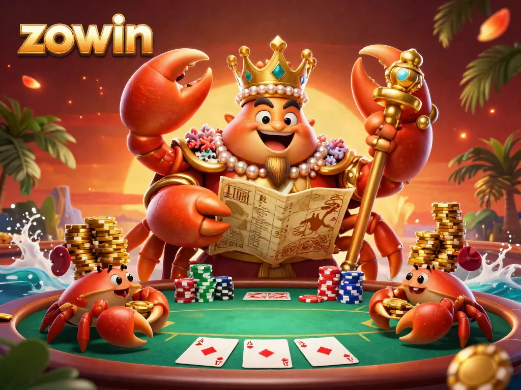 Experience the excitement at Zowin Casino with a vibrant digital scene of a golden crab emperor and animated poker action.