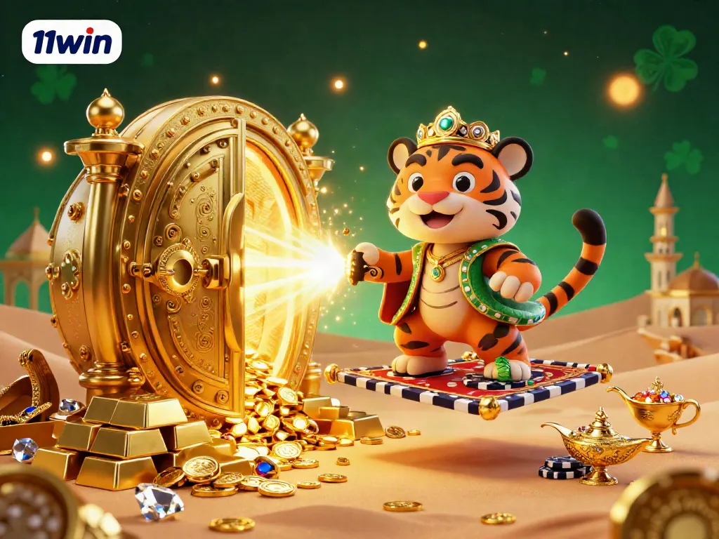 Experience thrilling adventures with 11win in this vibrant, lavish casino illustration full of treasure.
