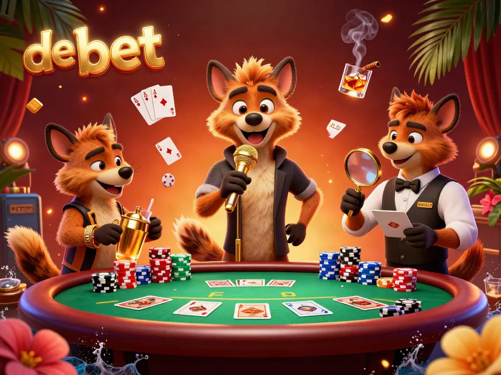 Hyenas running a comedy casino club with vibrant poker elements showcasing de bet.