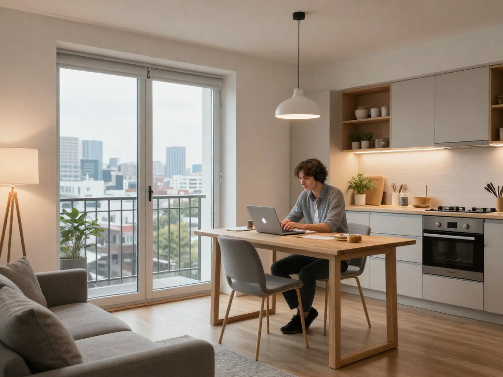 Moderne Monteurwohnung in Hannover mit gemütlichem Wohnraum und voll ausgestatteter Küche.