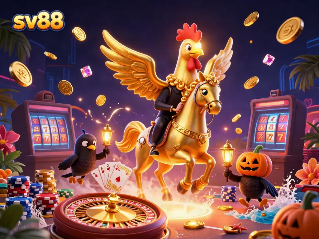 Experience thrilling gameplay at sv88 with a golden rooster symbolizing luck, amidst a vibrant casino atmosphere.