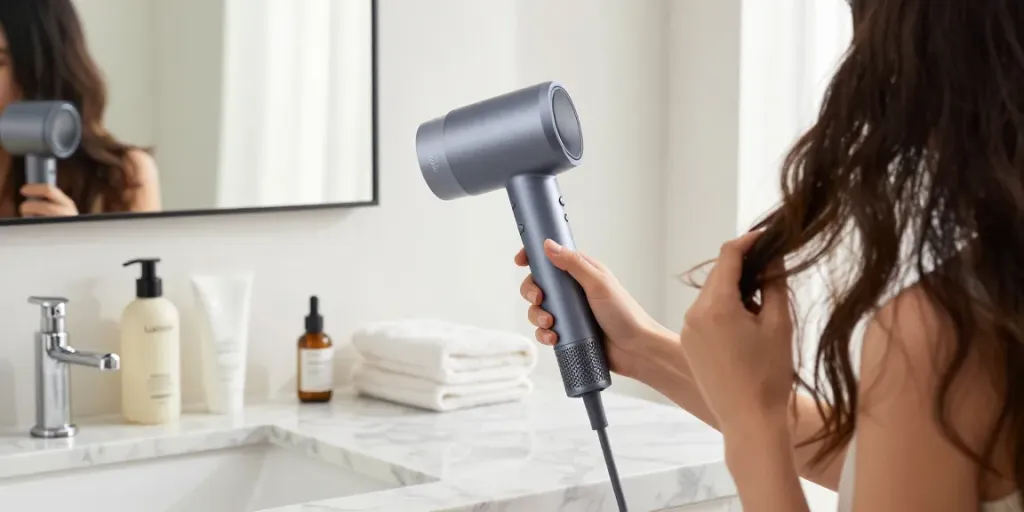 Moderne Badezimmeransicht mit Haartrockner mit Ionen und Frau, die ihr Haar stylt.