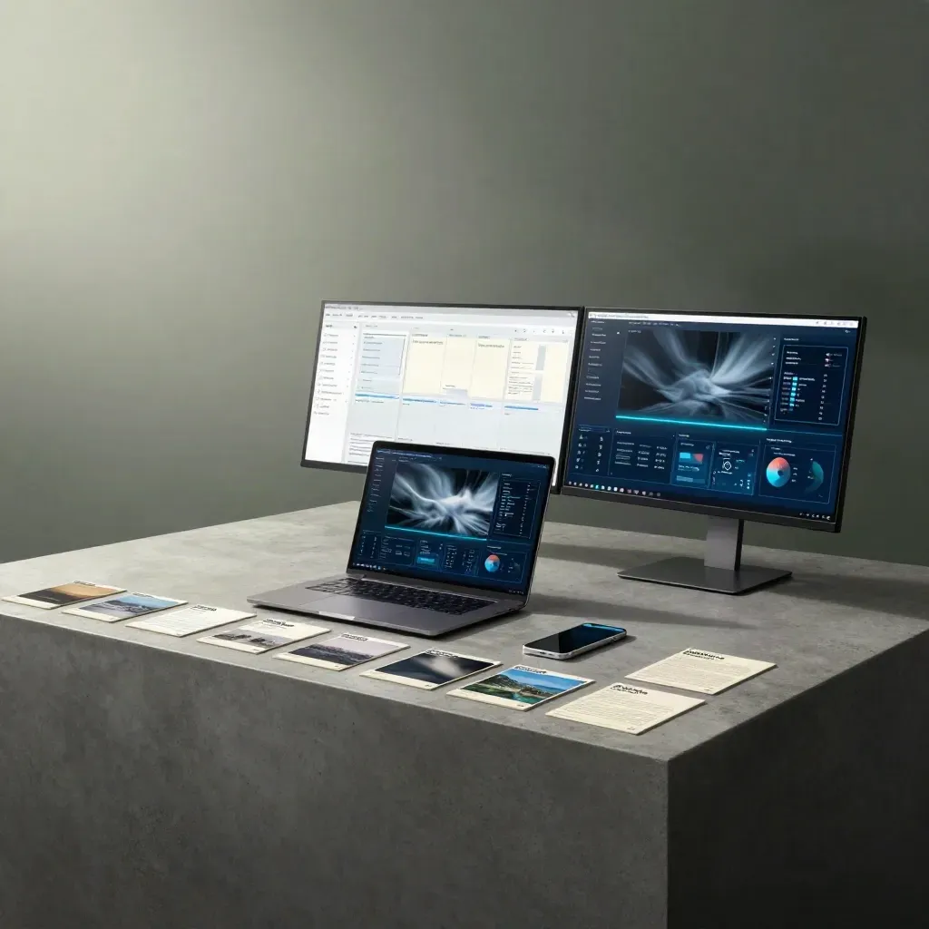 Dunkles Kampagnen-Setup mit Monitoren, Laptop und Smartphone im blauen Datenlicht.
