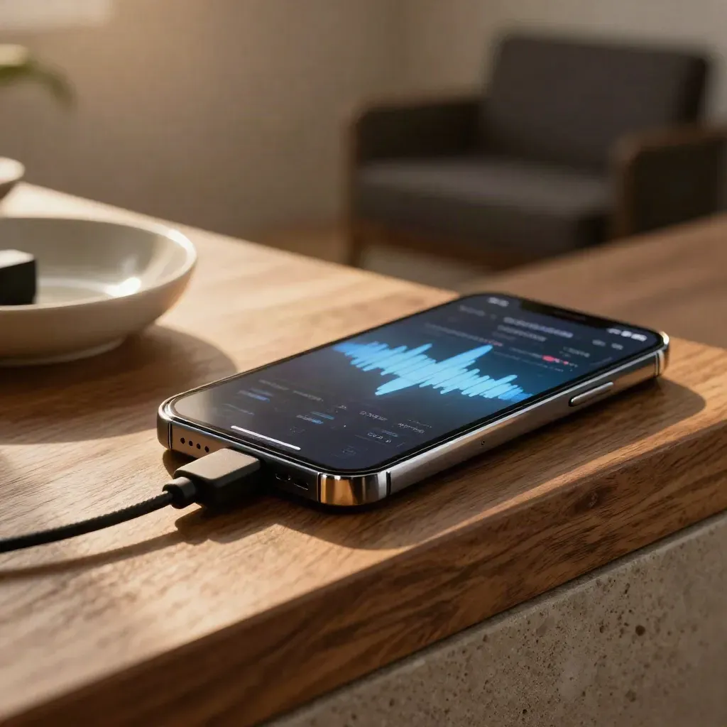 Smartphone, Tracking-Dongle und Keramikschale im warmen Licht mit blauem Displayglow.