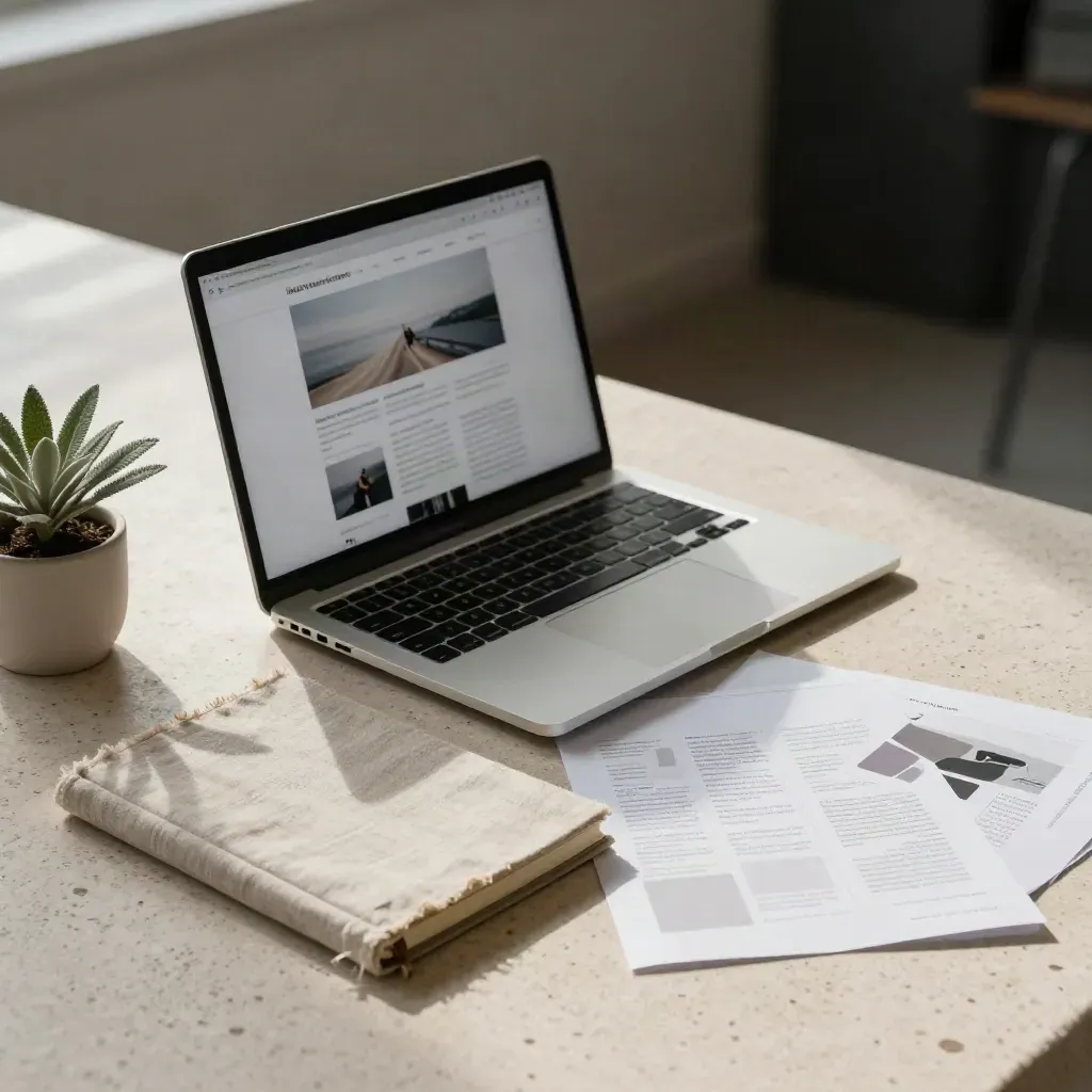 Laptop mit unscharfer Landingpage, Notizblock, zwei Proofs und Pflanze auf Travertin im Licht.