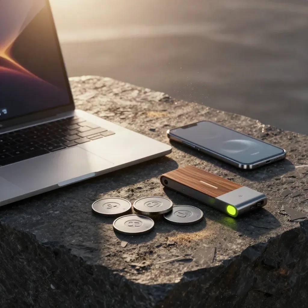 Offenes Laptop-Setup mit Smartphone, Budget-Tokens und Tracker-Modul auf dunklem Stein.