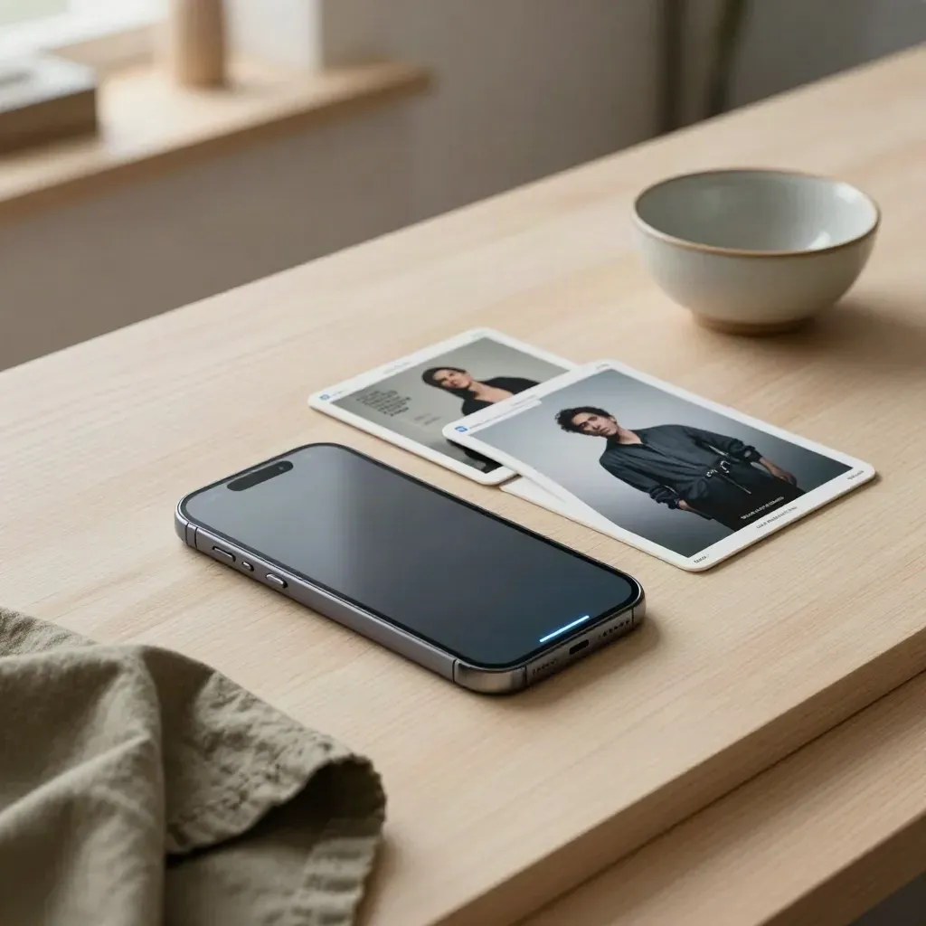 Meta-Creative-Board mit Smartphone, Bildkarten, Schale und Stoff auf hellem Holz.