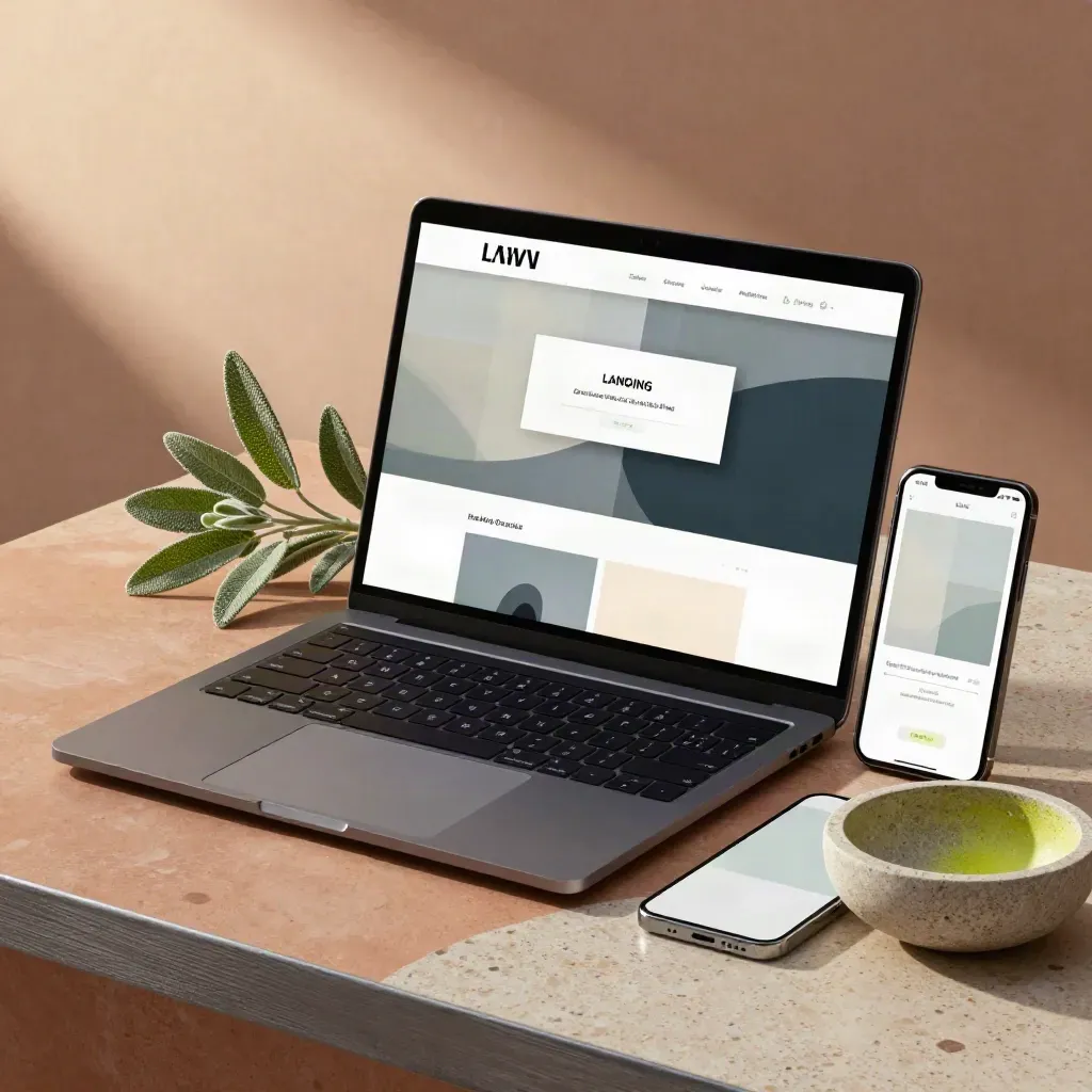 Offene Laptop-Ansicht mit Smartphone, Pflanze und Steinschale auf terrakottafarbenem Untergrund.