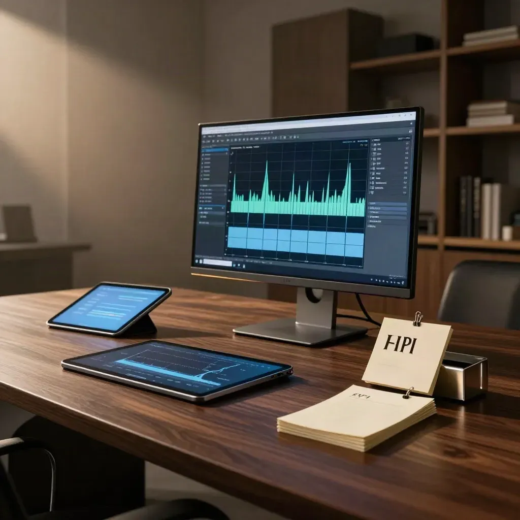 Monitor, Tablet und KPI-Karten an einem dunklen Tisch im Drama-Licht