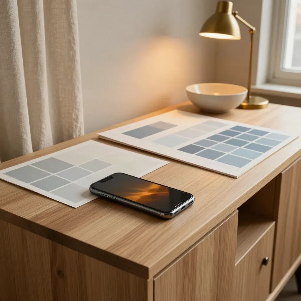 Dämmerungs-Office mit Smartphone, zwei Creative-Boards und Keramikschale auf heller Holzkonsole.