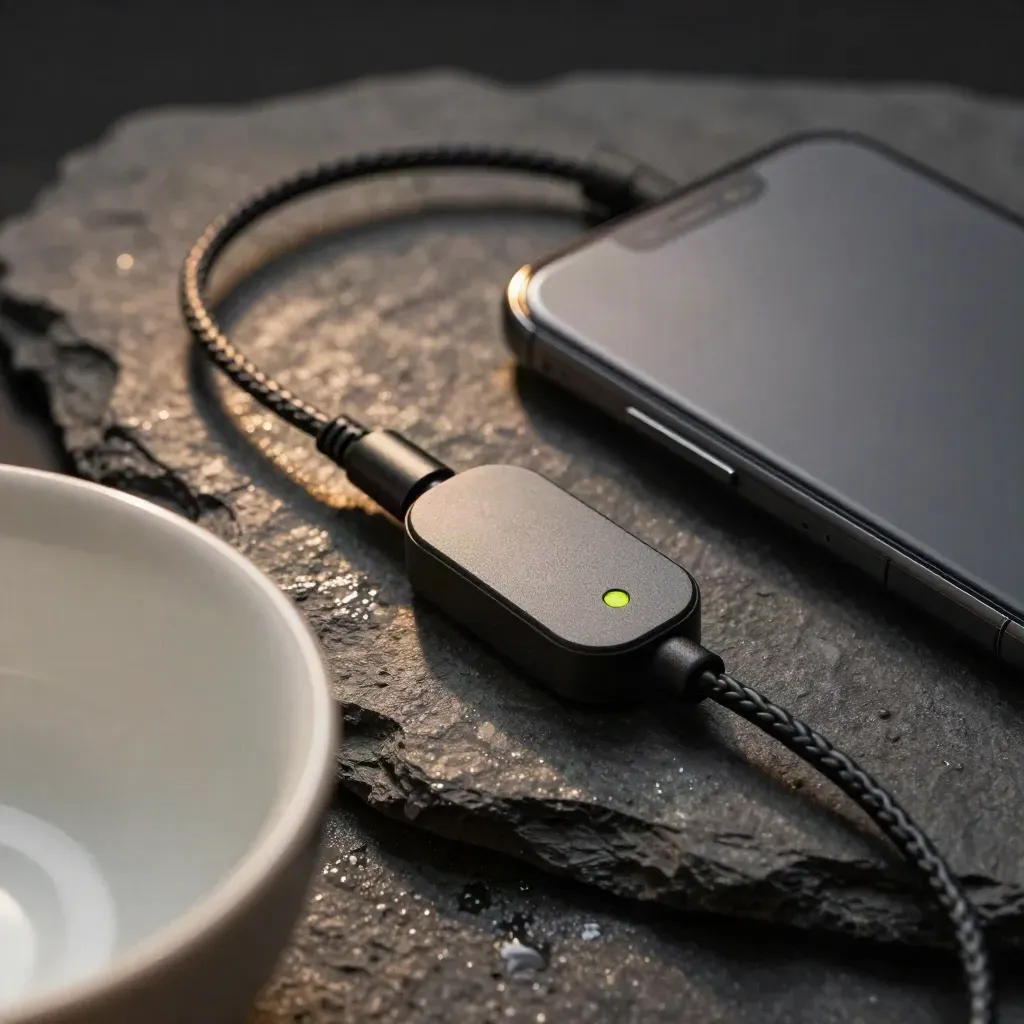 Makro von Smartphone, Sensor und Kabel in Keramikschale auf dunklem Stein mit Limelicht.