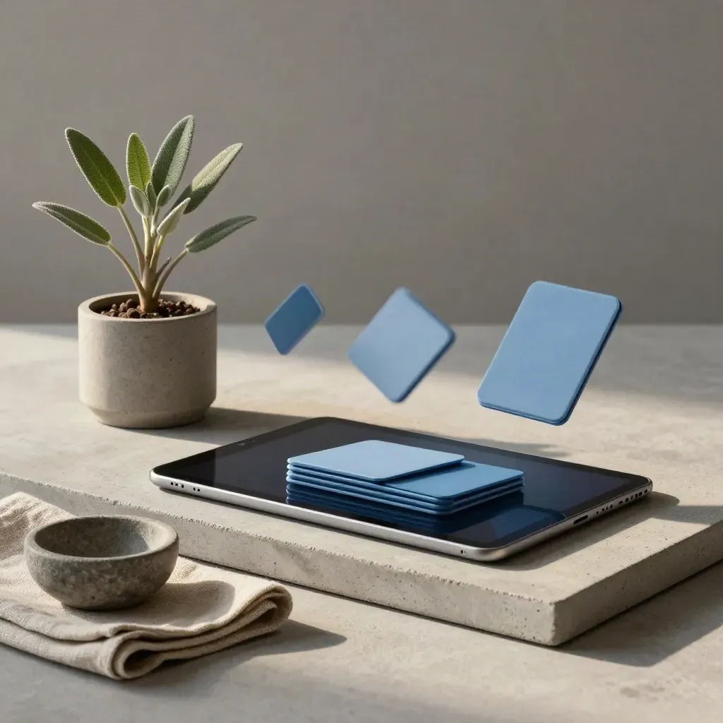 Tablet mit blauen Feed-Kacheln, Pflanze, Leinentuch und Steinschale auf hellem Tray