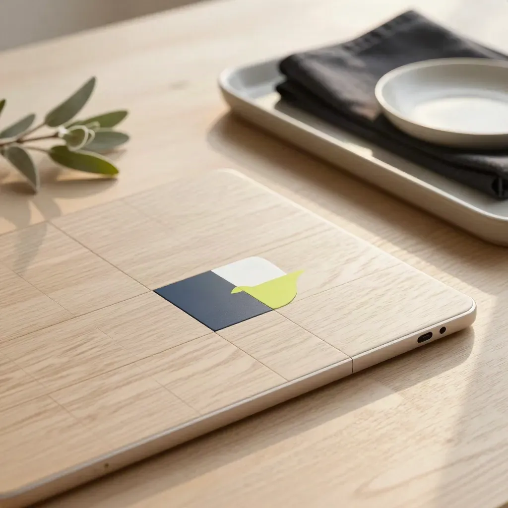 Schlankes Tablet mit Kachelformen, Pflanze, dunklem Tuch und Keramikschale auf hellem Holz.