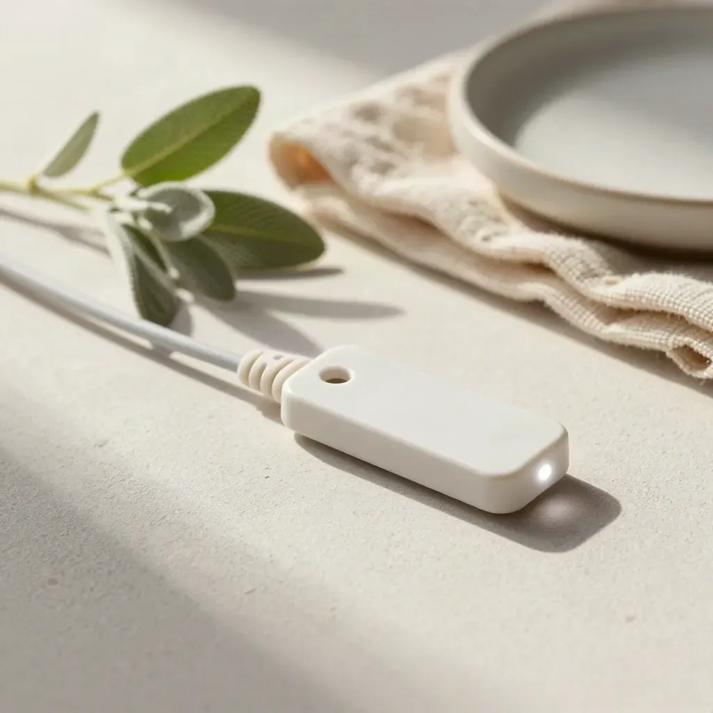 Tracking-Tag mit Kabel, Pflanze, Tuch und Keramikschale auf hellem Putzgrund