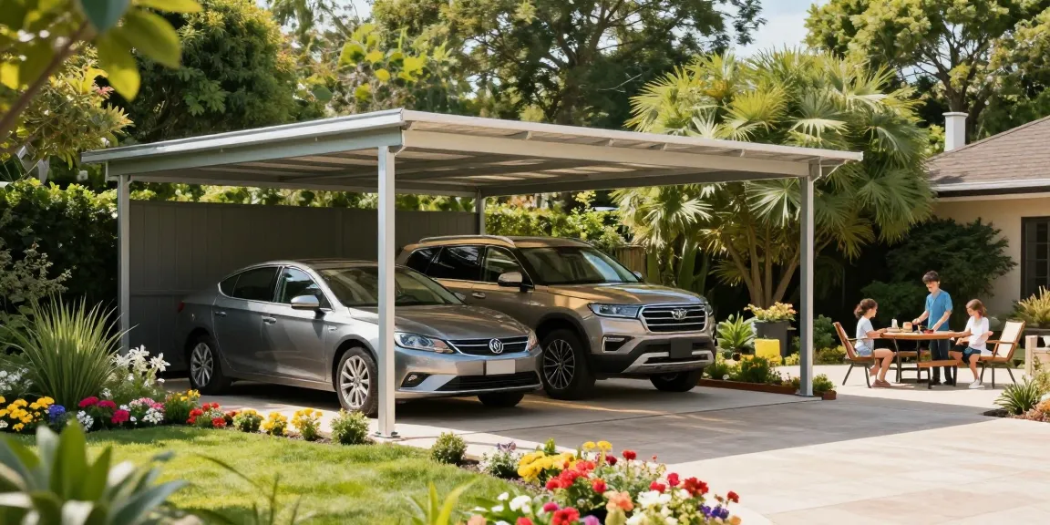 Moderne Carport-Landschaft mit zwei Fahrzeugen und einer lebhaften Gartenumgebung, ideal für Schutz und Stil.