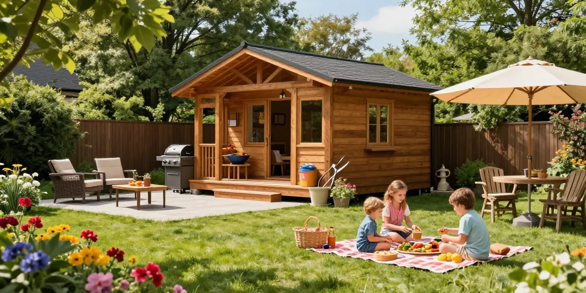Ein Gartenhaus in einem sonnigen Garten mit einer Familie beim Picknick, umgeben von Blumen und Gartenwerkzeugen.