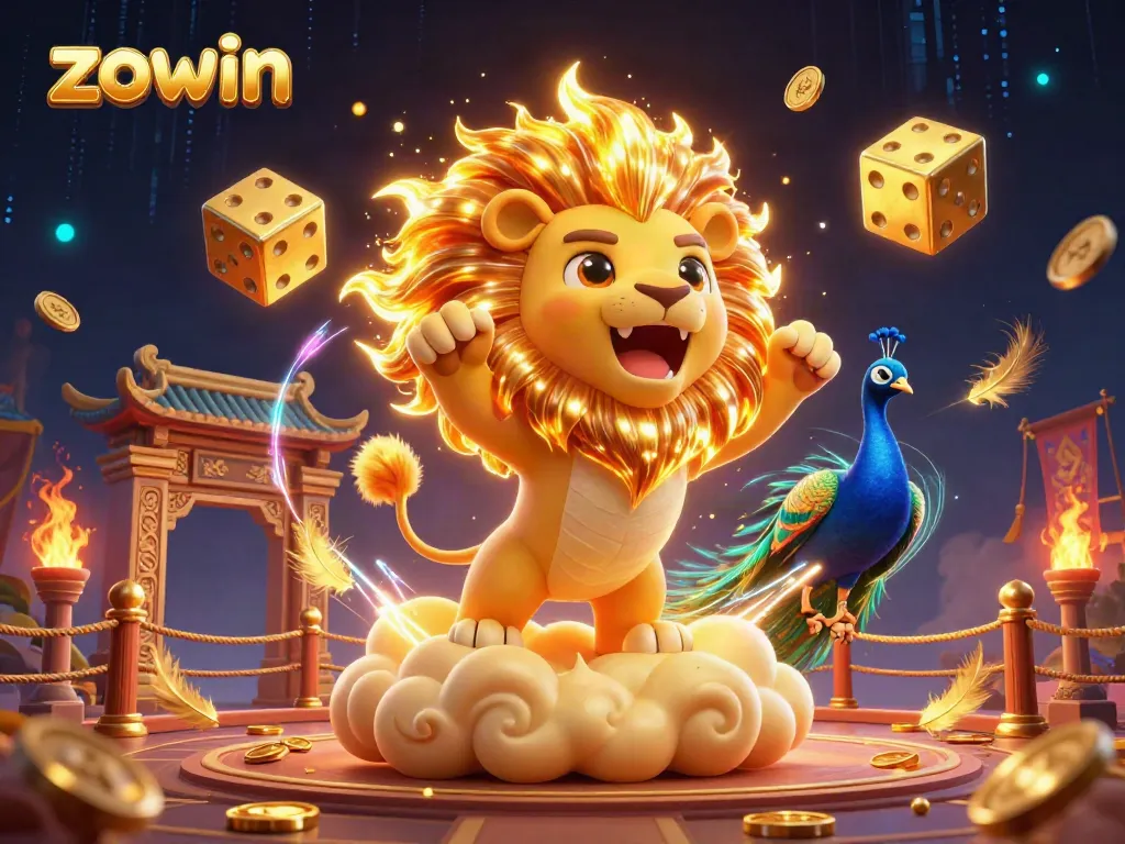 Zowin features a majestic lion in a casino-themed world, roaring triumphantly among golden dice and vibrant game elements.