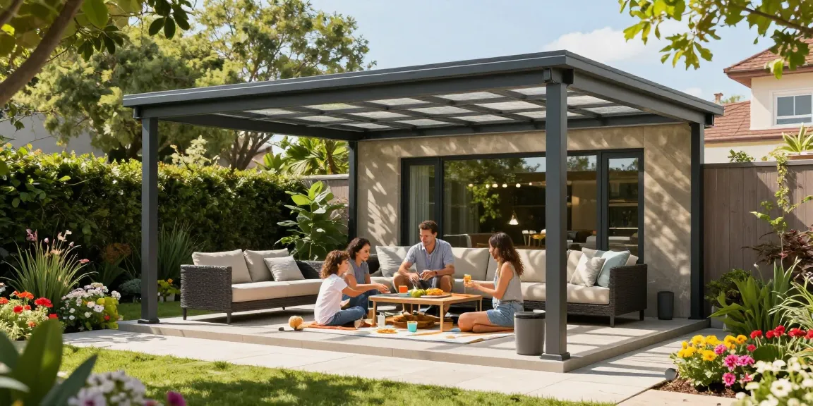 Freistehende Terrassenüberdachung im Garten, ideal für gemütliche Nachmittage.