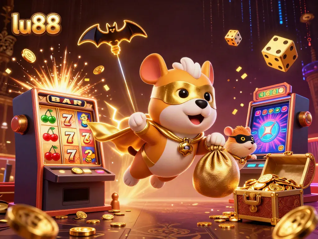 Watch lu88's casino fun with a superhero dog flying and gold coins exploding in a dynamic illustration.