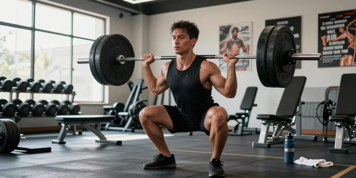 Deus Medical: Athlet beim Gewichtheben im modernen Fitnessstudio, motivierende Atmosphäre.