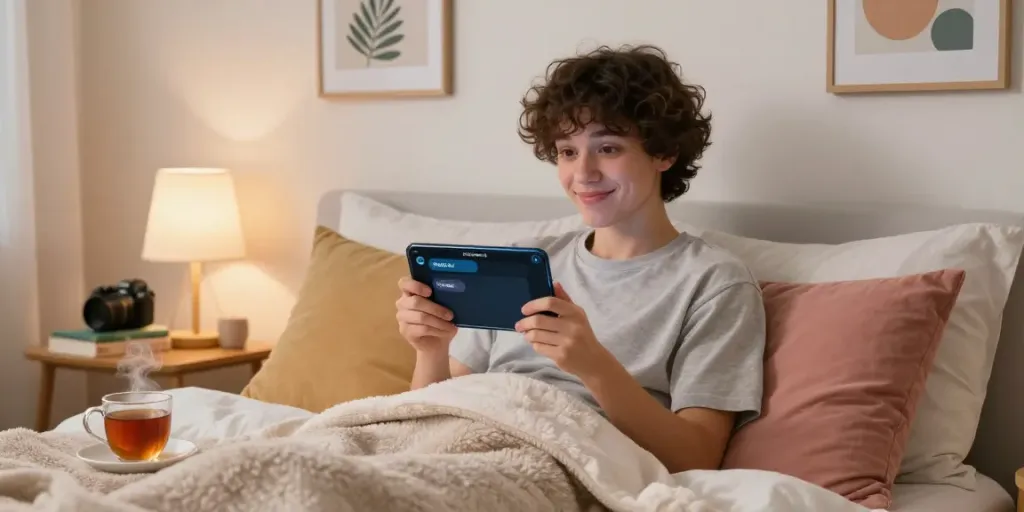 Interactive horny ai chat on a smartphone in a cozy bedroom environment.