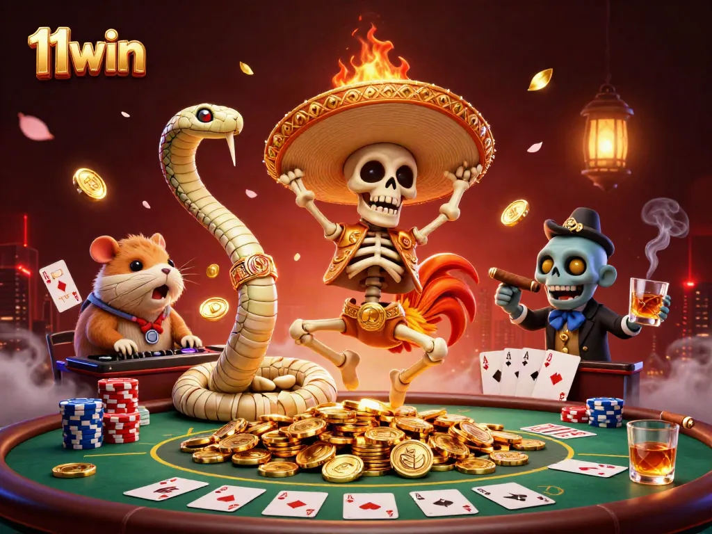 Experience the vibrant world of 11win with a lively victory dance scene featuring unique characters and casino elements.