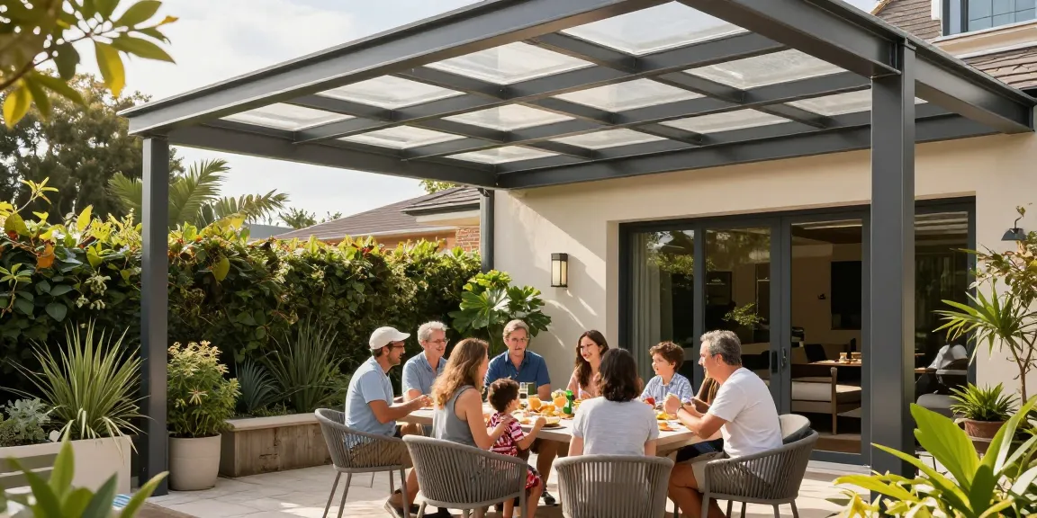 Moderne Terrassenüberdachung aus Aluminium mit Familie bei sonnigem Wetter.