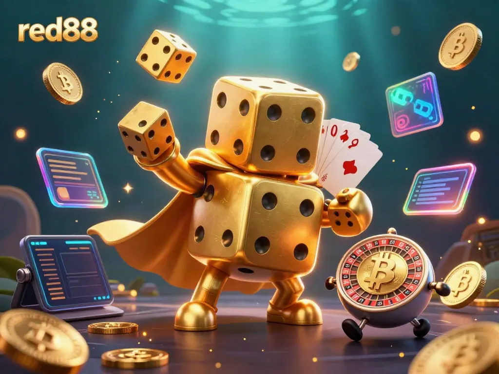 Experience the thrill of red88 with a dynamic illustration featuring an energetic golden dice golem juggling and cosmic elements.