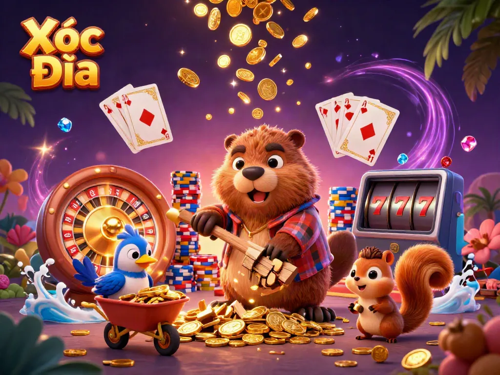 Xóc Đĩa game scene with animated characters enjoying an exciting casino environment, featuring gold coins and chips.